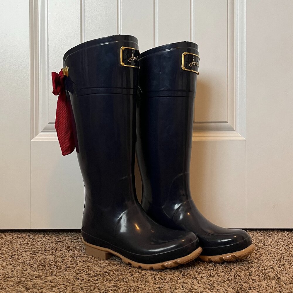 Joules Evedon Navy Rain Boots knee high glossy with bow Size 6 ~ NEW
